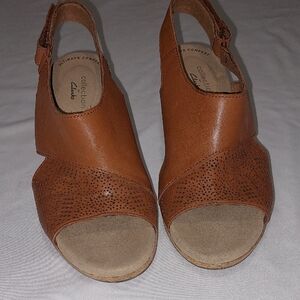 Clarks Cork Wedged Sandle .Size 6.5 Used Condition.Velcro Strap .